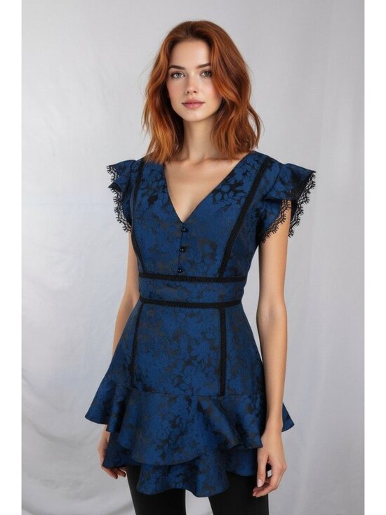 None detected Dresses & Skirts - Blue & Black Floral Jacquard Dress With Ruffle Hem Small V-Neck And Cap Sleeves